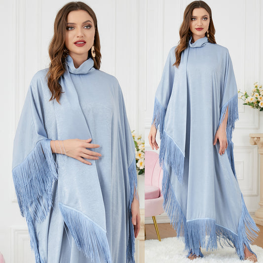 Abaya Tassel Batwing Sleeve Dress with Turtleneck - Casual Loose Oversized