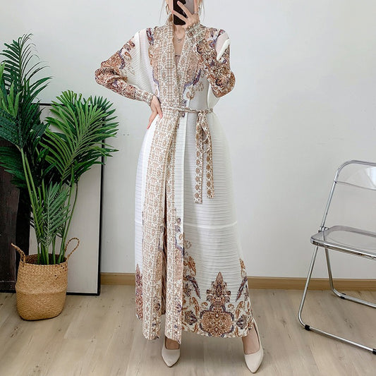 Beige pleated coat cape printed women's Arabic robe